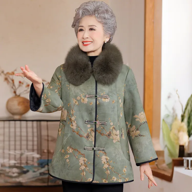 奶奶冬装国风皮毛一体外套中老年加绒加厚妈妈装气质保暖衣服