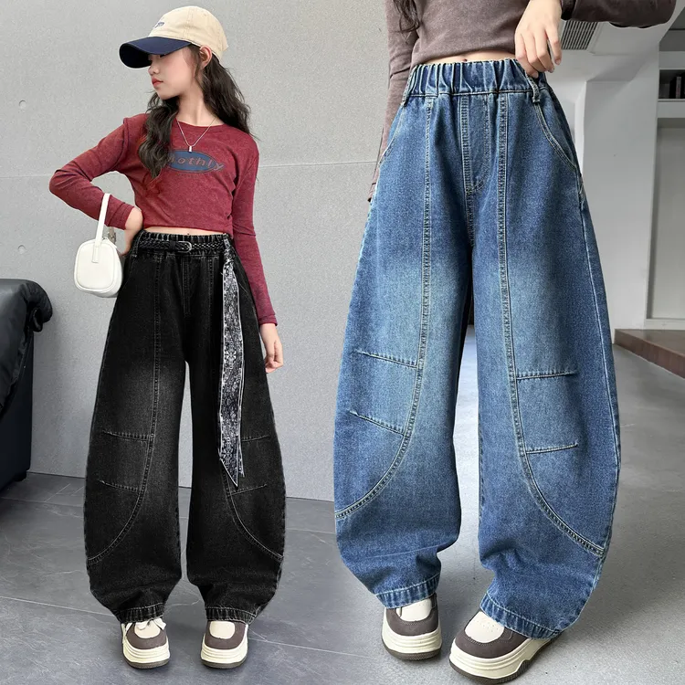女童牛仔裤春秋新款儿童洋气裤子中大童韩版宽松直筒弯刀阔腿裤潮