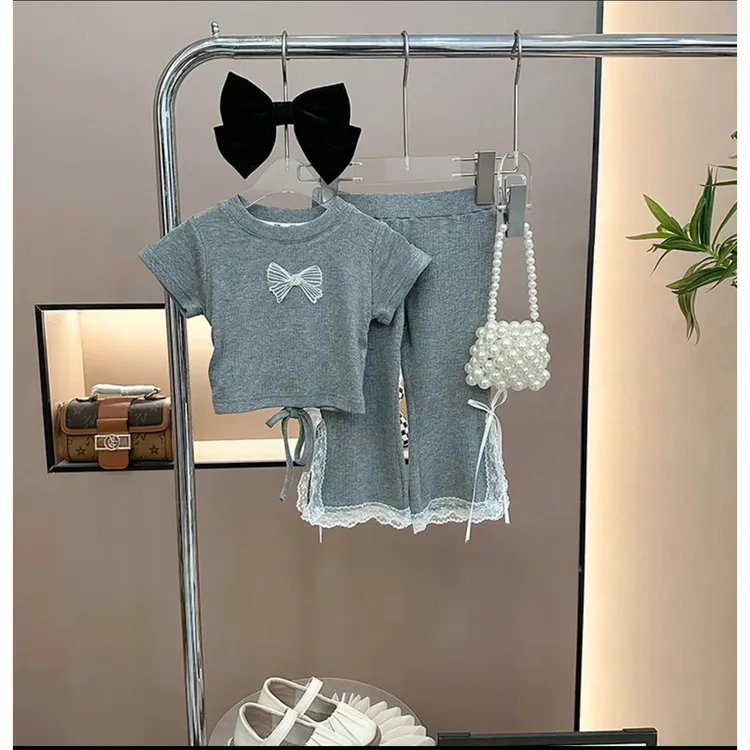 新款夏季新款蕾丝花边两件套上衣阔腿裤儿童国风洋气童装女童套装