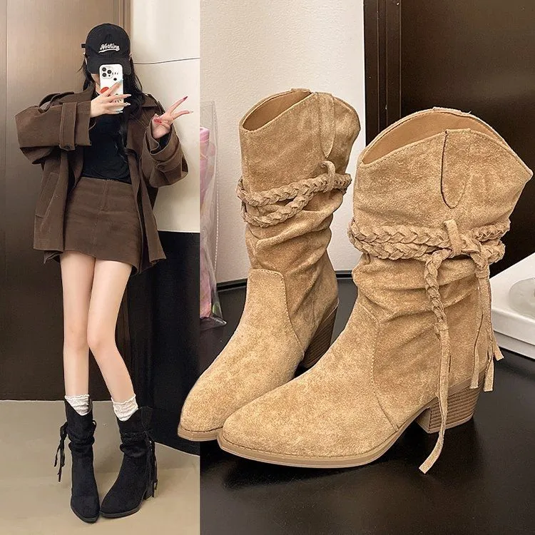 2025年新款V口流苏绑带尖头骑士靴中筒靴子高跟短靴女粗跟堆堆靴