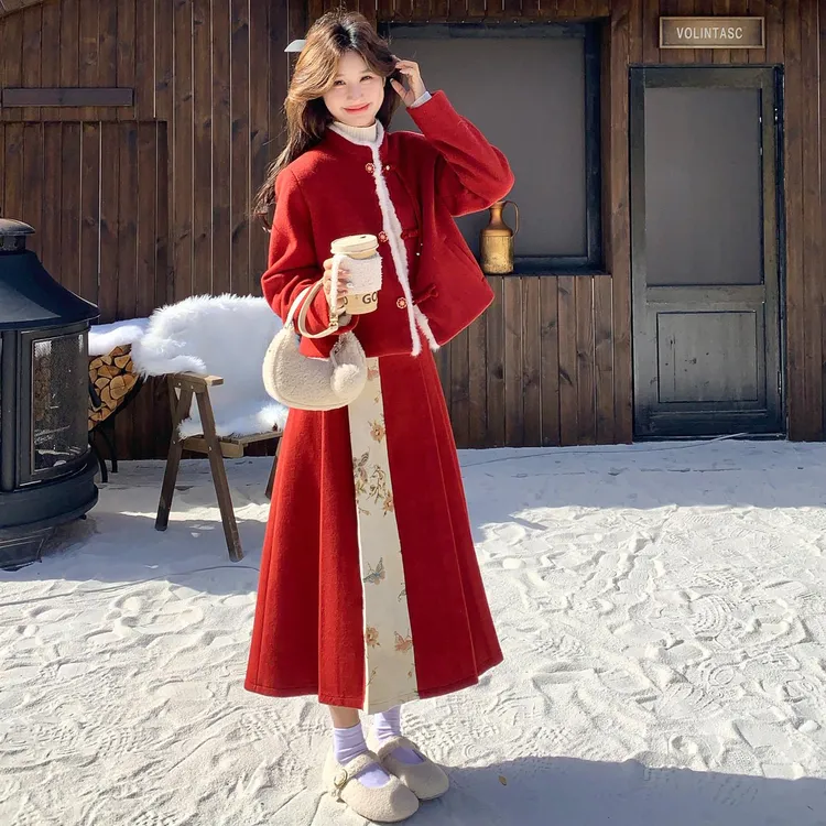 新年红色新中式羊毛呢套装裙女2025冬季国风羽绒外套半身裙两件套