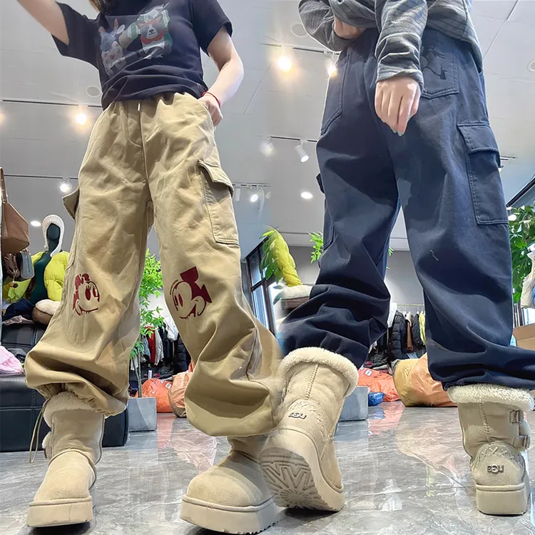 2025秋冬新款卡通图案加绒休闲工装裤女欧货宽松显瘦裤脚抽绳裤子