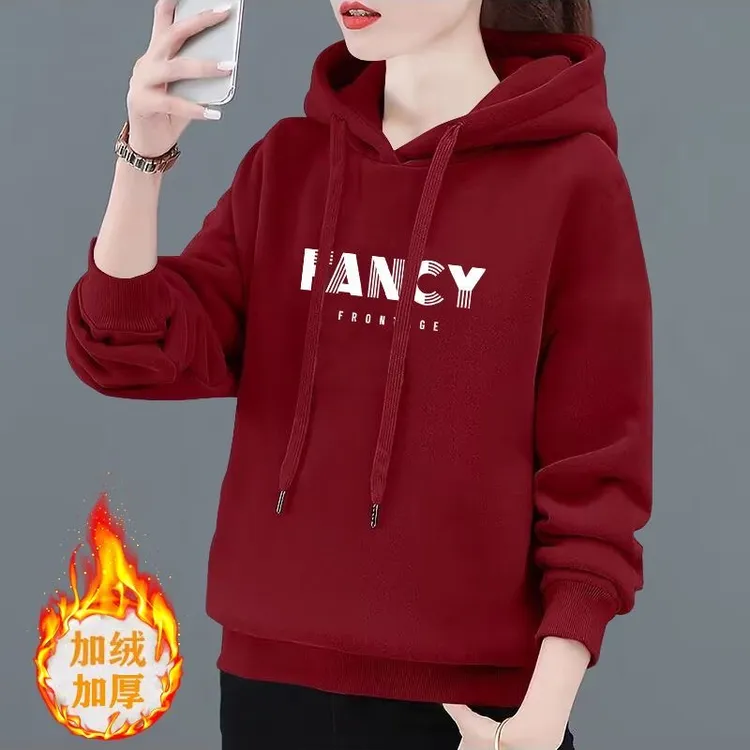 新款连帽红色卫衣女士加绒加厚冬季高端百搭时髦保暖外穿宽松上衣