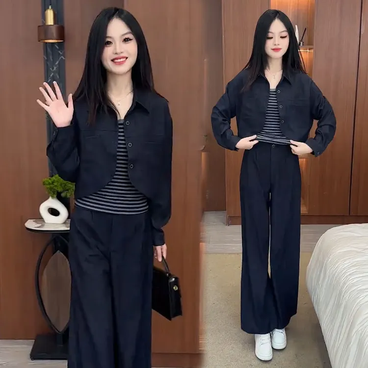时尚牛仔套装女2025秋季新款洋气显瘦短外套条纹背心阔腿裤三件套