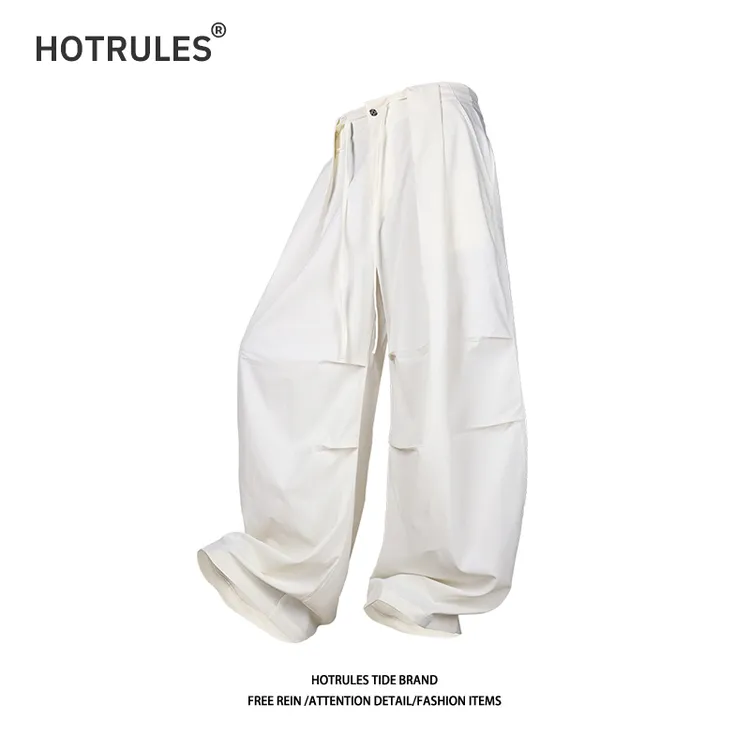 HOTRULES初秋褶皱薄款工装伞兵裤纯色西裤宽松垂感百搭弯刀阔腿裤