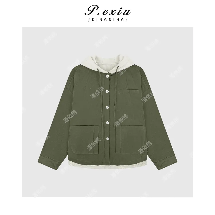 100%棉灯芯绒减龄撞色连帽抽绳棉服外套W-63512