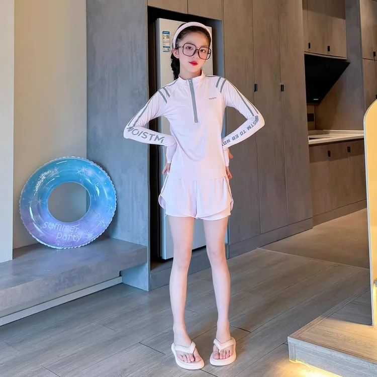 泳衣儿童女专业训练长袖好看的中学生女孩游泳衣中大女童泳装速干
