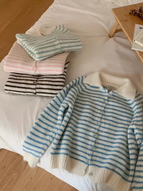 【所见即所得】温温柔柔韩系女装复古条纹POLO领针织衫秋冬宽松百搭