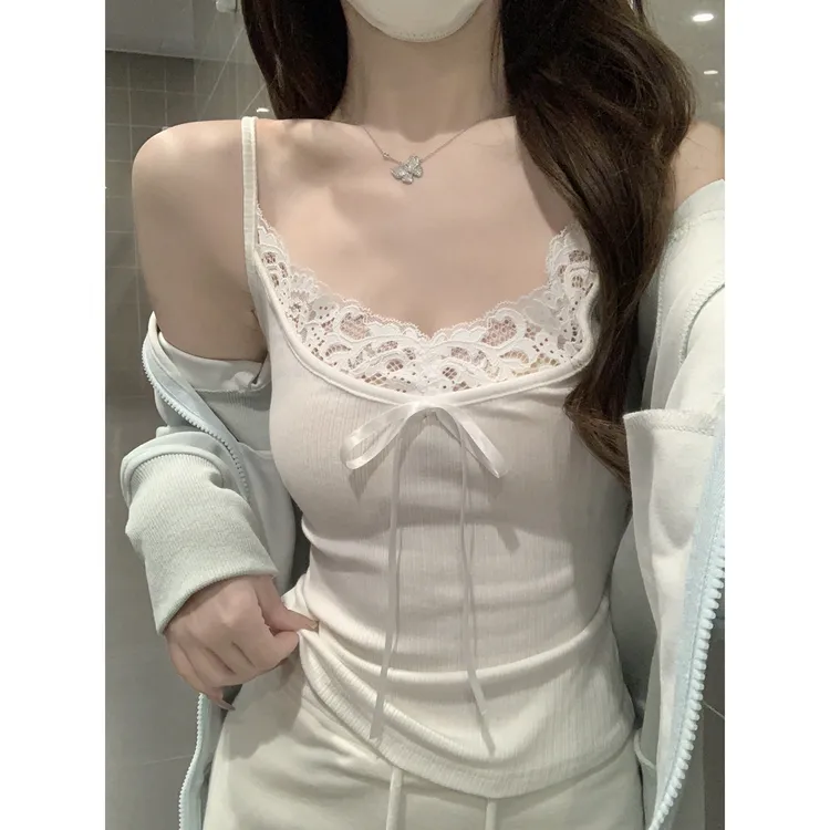 甜美蕾丝ins拼接系带防走光吊带背心女2025春夏修身收腰显瘦内搭