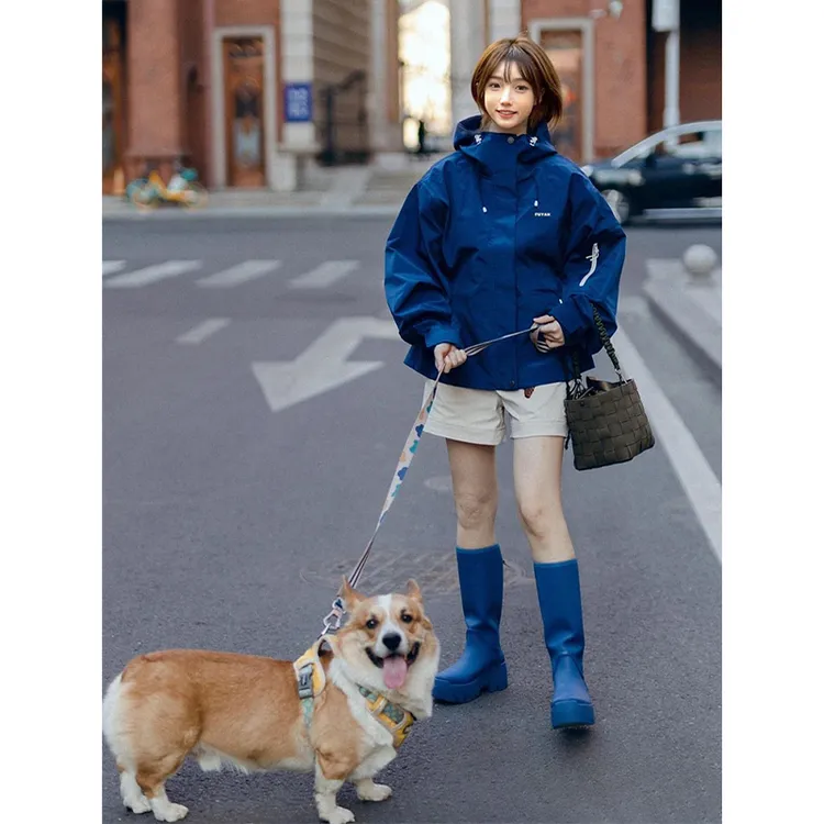 临典蓝色抽绳冲锋衣外套女2025新款春秋三合一户外防风防水登山服