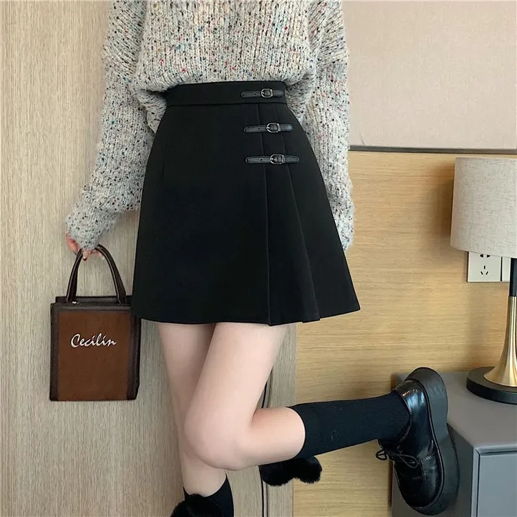 大码毛呢百褶裙显瘦高腰A字裙黑色百搭2025小个子新款半身裙短裙
