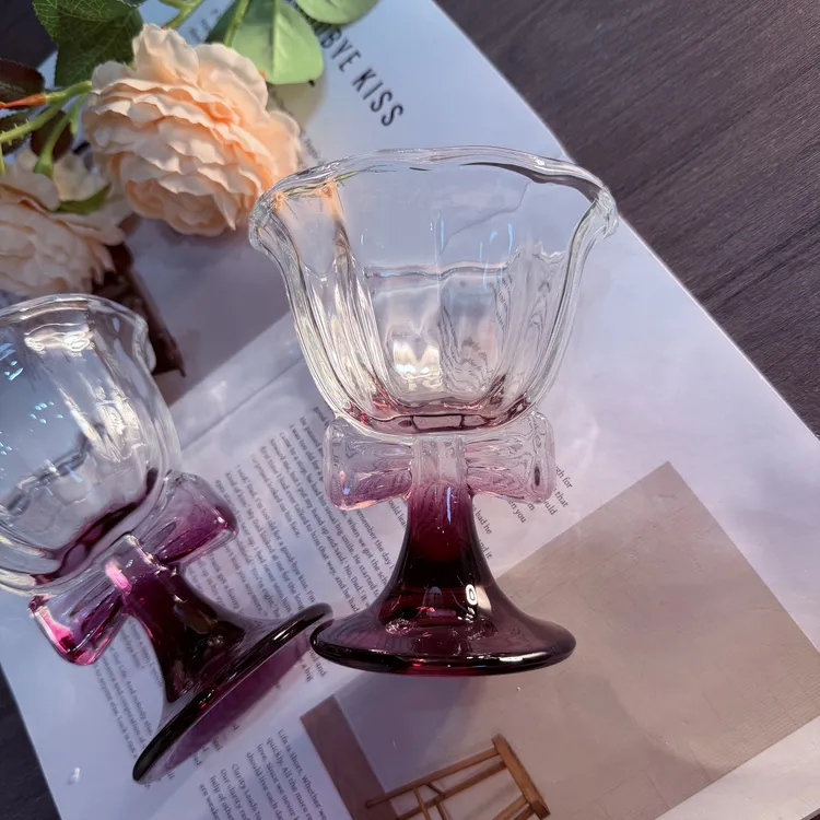 双支装渐变蝴蝶结冰淇淋杯甜品沙拉碗糖水碗家用ins风高脚杯可爱