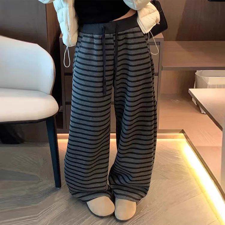 加绒加厚条纹阔腿裤女2025秋冬新款慵懒感宽松显瘦百搭高腰休闲裤