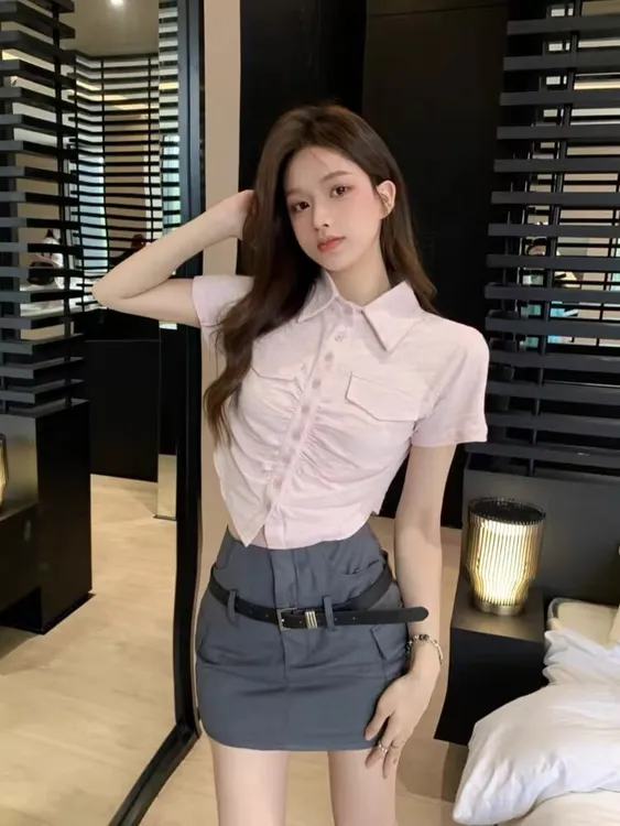 JYE10343辣妹Polo领短袖衬衫女收腰修身短款T恤