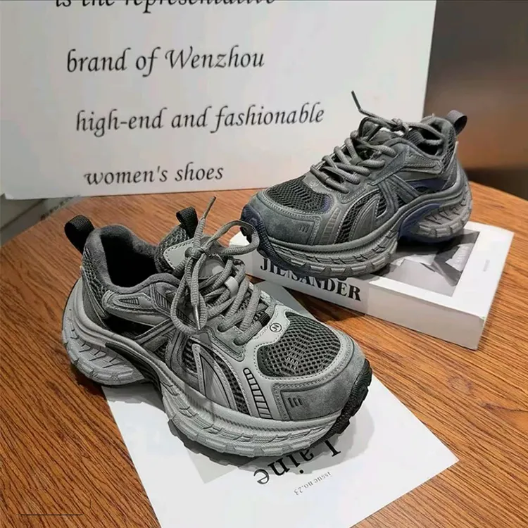 B巴+新款老爹鞋2025冬季韩版厚底休闲鞋拼色网面厚底加绒运动鞋