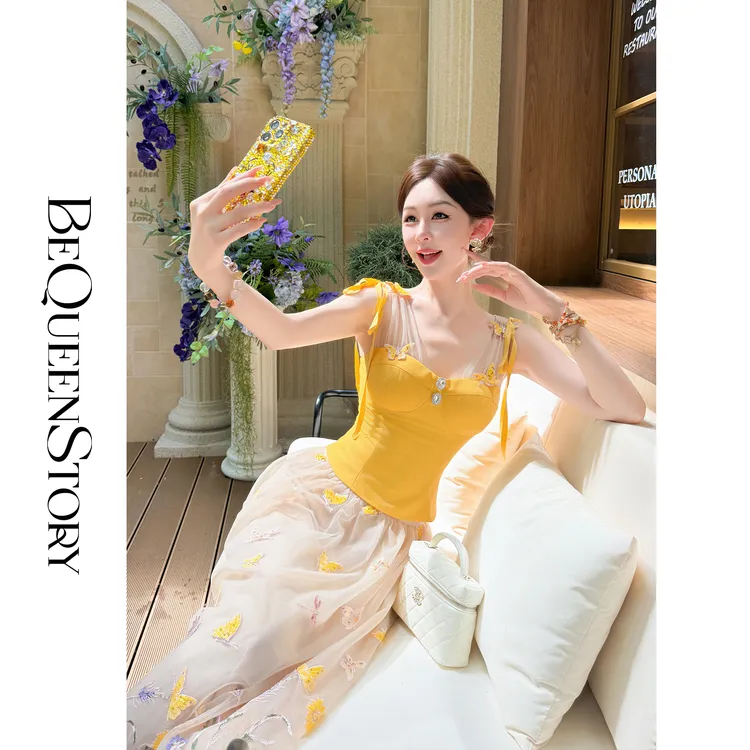 余潇潇【暮色蝶语纱】轻奢时尚手工缝钻吊带&网纱绣花半裙女