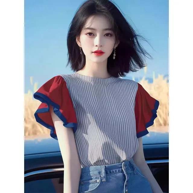 夏季流行爆款设计感上衣小众时髦洋气独特别致条纹撞色小飞袖衬衫