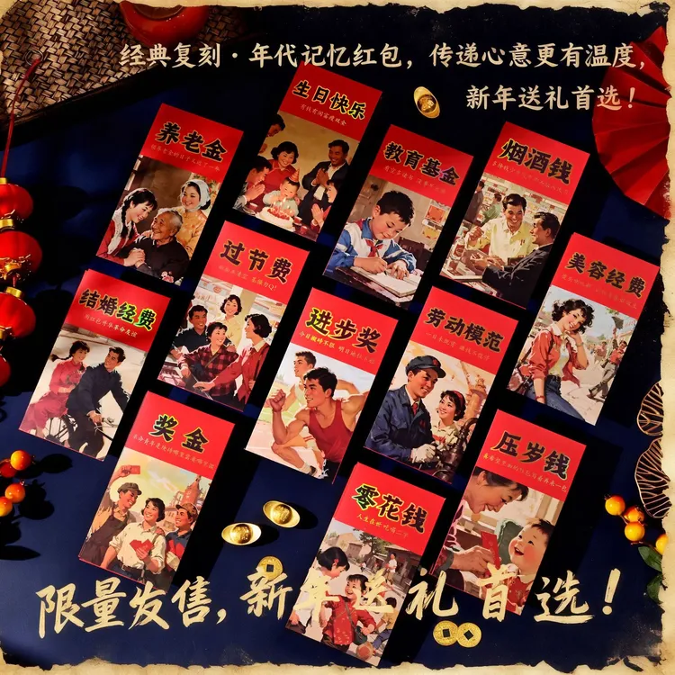 新款新年80年代记忆红包复古绘画风烫金彩印新春压岁钱利是封