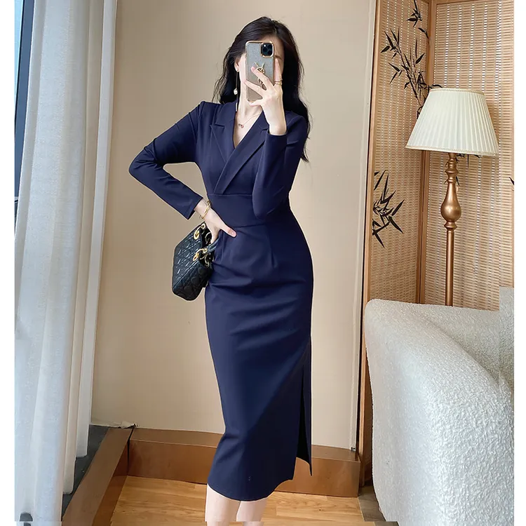 秋季藏青色连衣裙女款爆款2025新款高级感轻奢正式场合职业装裙子
