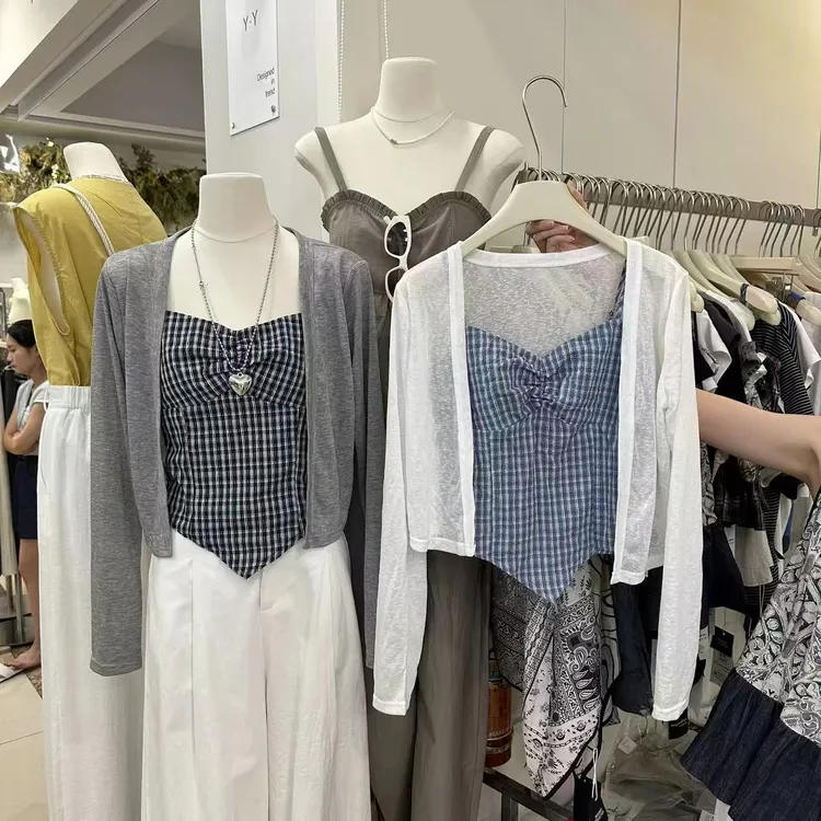 韩系不规则下摆短款格子吊带+纯色薄款开衫2025夏季新款两件套女