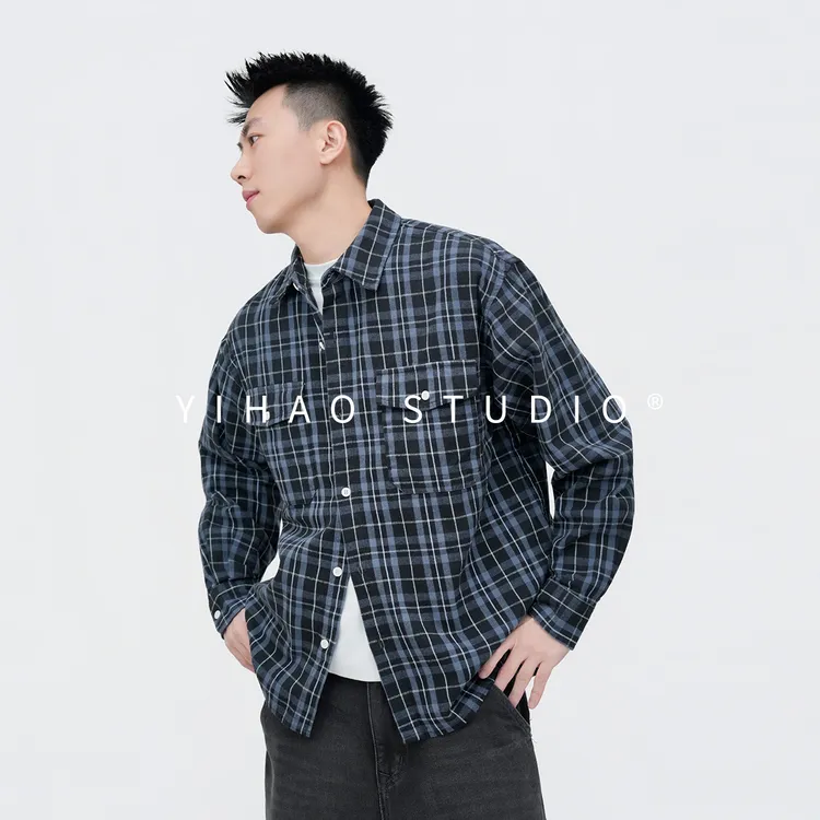 YIHAO STUDIO秋季男款蓝色格子衬衫男款长袖宽松经典翻领衬衣
