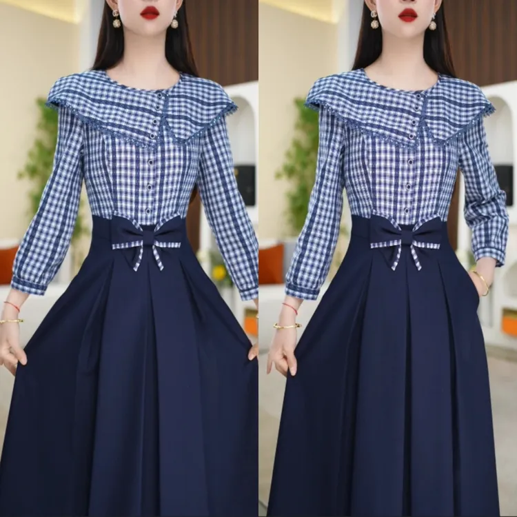 2025春秋季款时尚气质收腰显瘦设计感假两件拼接休闲长袖连衣裙子