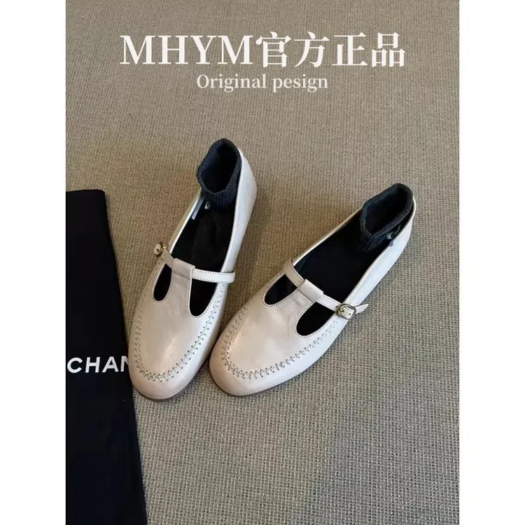 MHYM法式单鞋女浅口平底百搭镂空T字带乐福鞋配裙子复古玛丽珍鞋