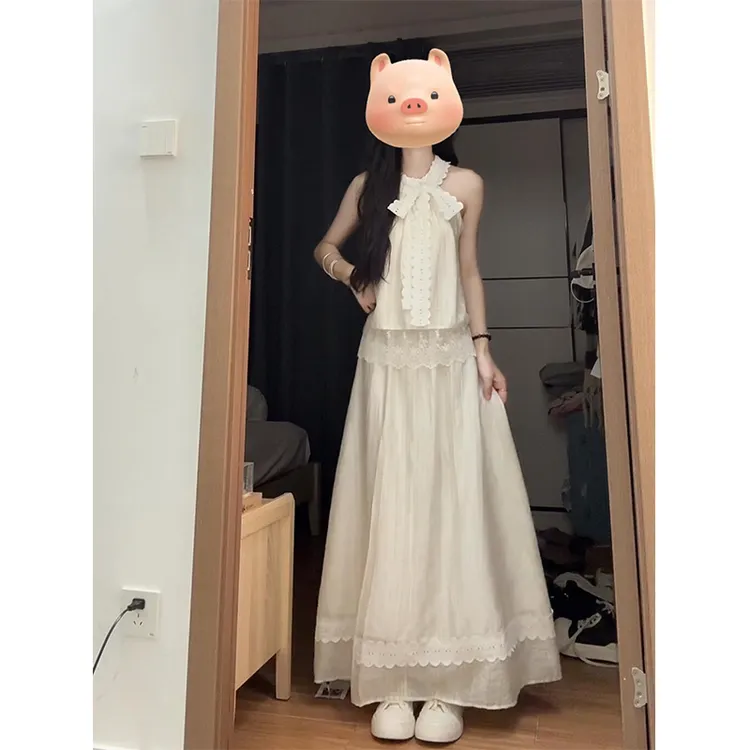 夏季甜美蕾丝拼接绑带挂脖无袖上衣女温柔风高腰宽松半身裙两件套