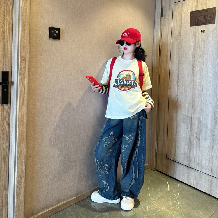 女童春秋季2025新款儿童韩版洋气时尚假两件打底衫牛仔裤两件套潮