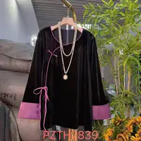 中式大码女装2025秋季胖m复古丝绒盘扣百搭显瘦小衫百搭上衣2839