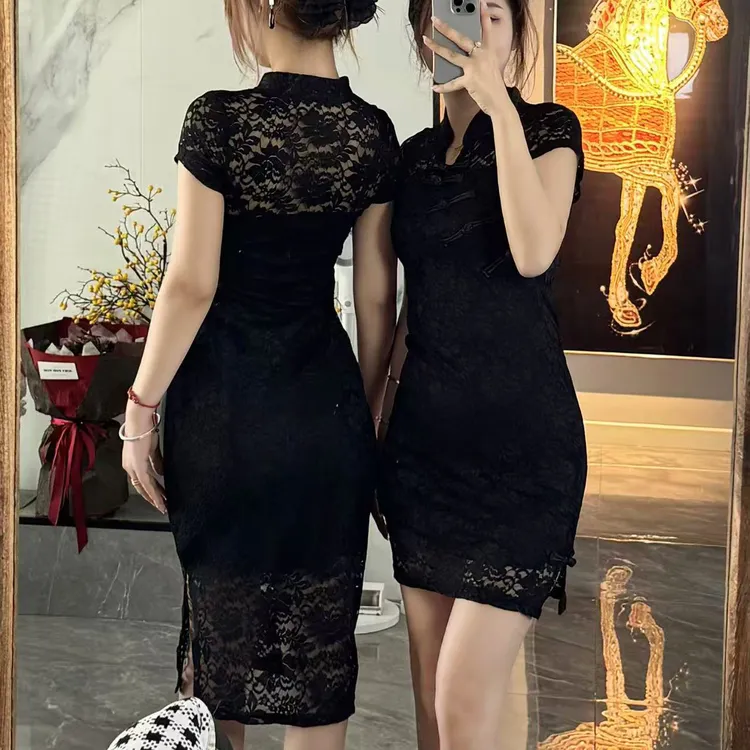 夏季新款包袖花纹薄款复古性感旗袍少女裙子黑色新中式提花气质