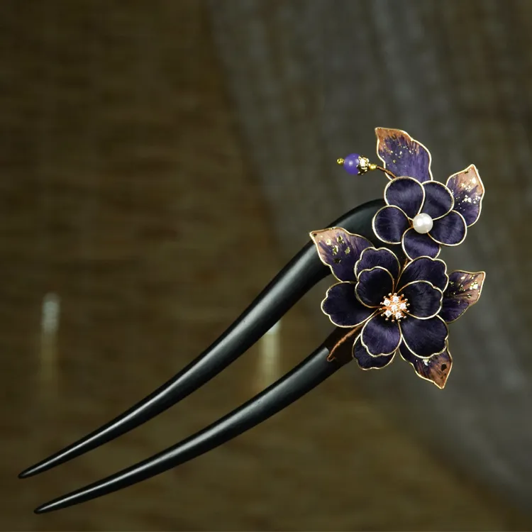非遗绒花手工掐丝紫金牡丹U型发簪黑檀木簪国风配饰no退no换
