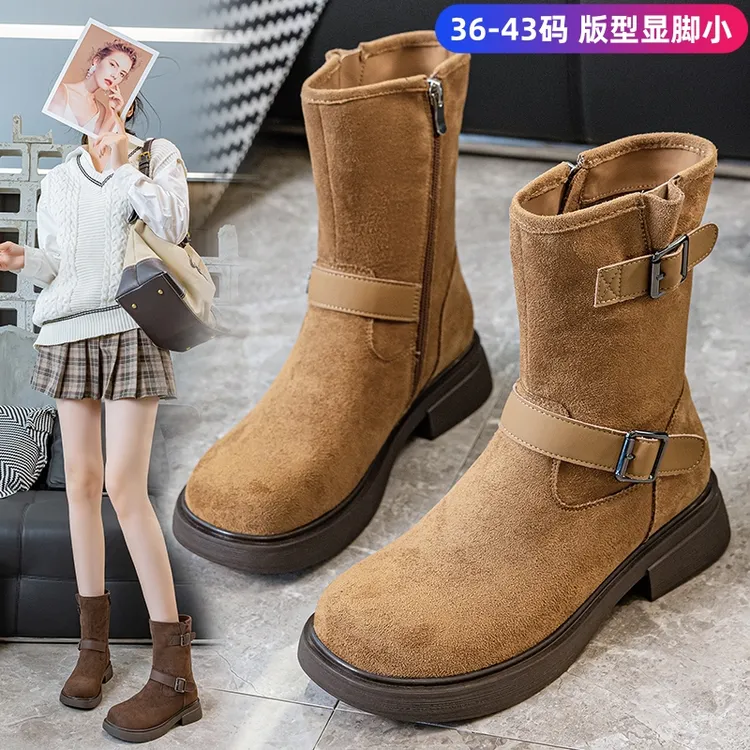 大码女靴41—43短靴厚底马丁靴女2025冬季复古加绒休闲中筒骑士靴