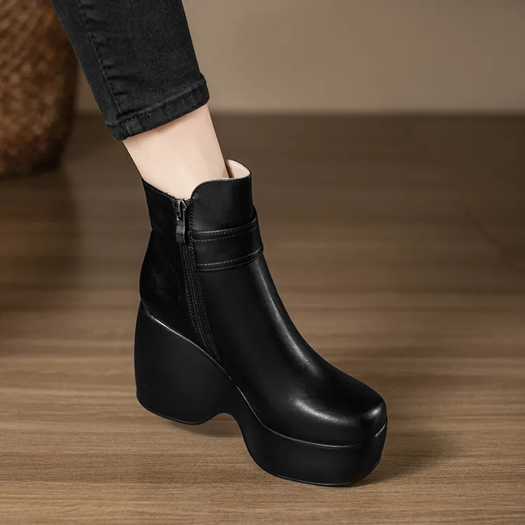 小个子手工女鞋11cm~坡跟短靴松糕厚底马丁靴里外真皮烟筒靴加绒