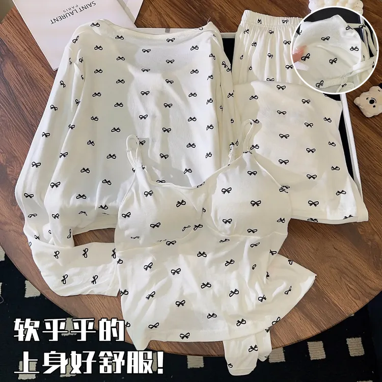 莫代尔睡衣女春秋季长袖甜美风蝴蝶结三件套装新款带胸垫家居服冬