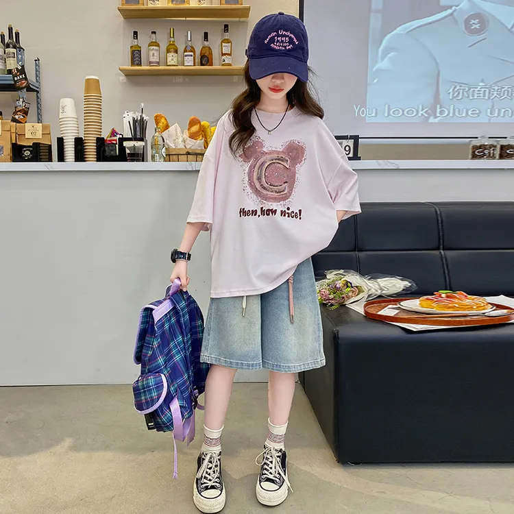 女童夏款套装2025新款洋气中大童宽松T恤牛仔中裤时髦宽松两件套