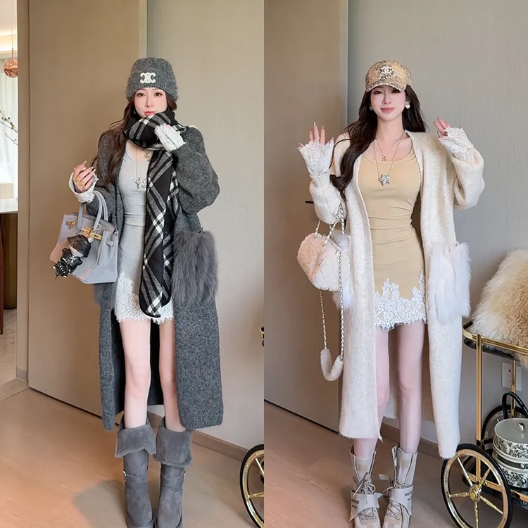 小雨姐姐【秋季首尔】时尚口袋拼接毛毛针织长款休闲风衣外套秋季新