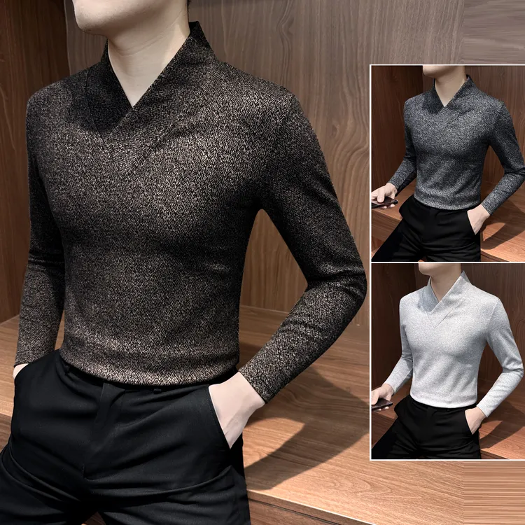 V领长袖t恤男款冬季网红洋气炸街男装痞帅修身内搭纯色男士打底衫