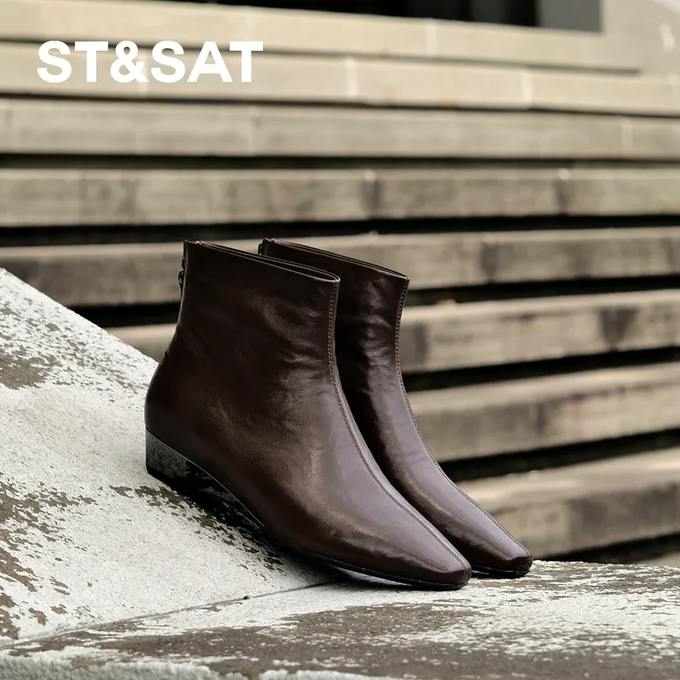 【羊皮短靴】星期六女鞋尖头法式低跟女靴秋季百搭流光风羊皮靴6B11