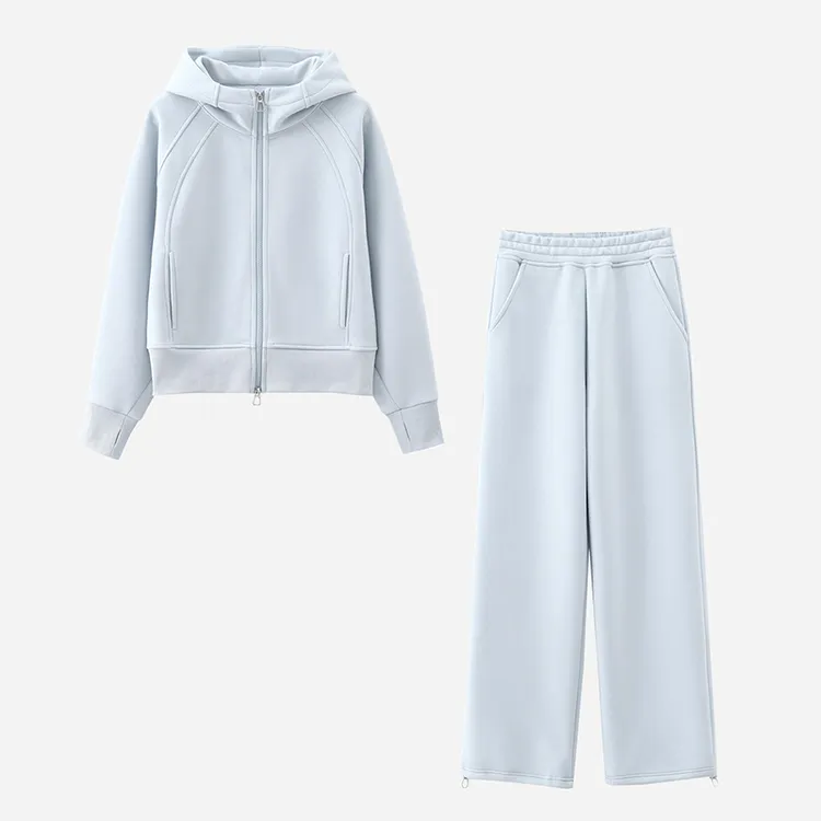 高含棉纯色简约运动服套装女2025年春秋新款连帽外套阔腿裤两件套