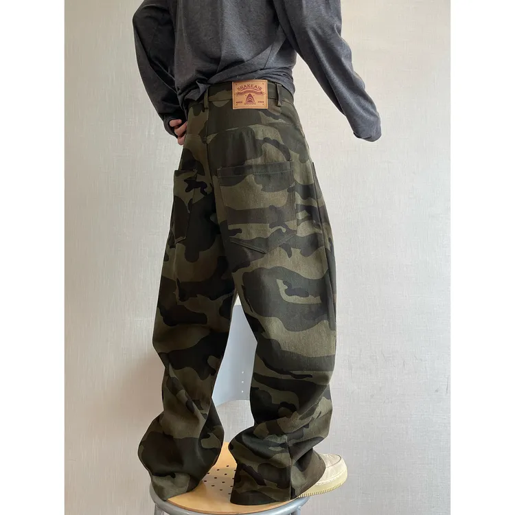 dannyandzee秋季复古百搭重水洗做旧喷色军绿迷彩弯刀工装裤男779