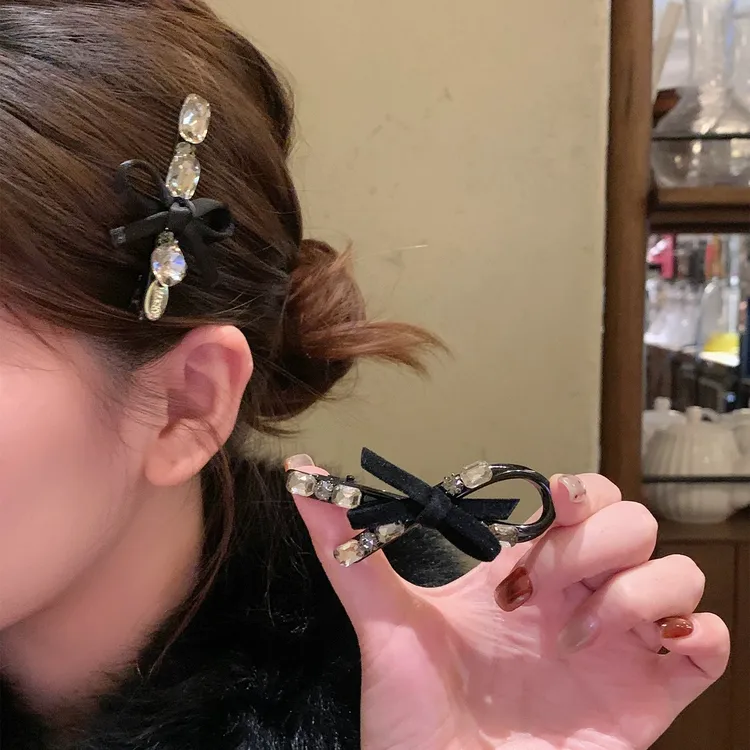 千金小香风丝绒蝴蝶结闪锆发夹女高级感侧边夹刘海夹发夹发饰