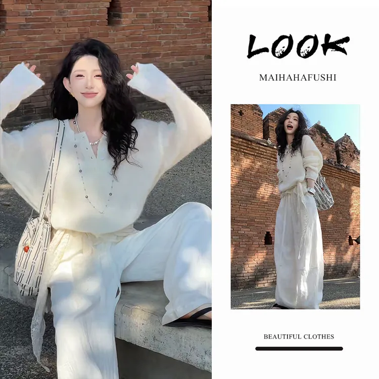 冬季一整套女装2025新款韩版薄款套头针织毛衣高腰阔腿裤两件套装