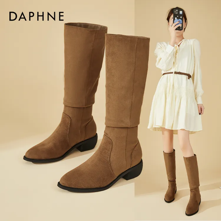Daphne/达芙妮2025年秋冬不过膝长靴女粗跟加绒骑士靴气质堆堆靴
