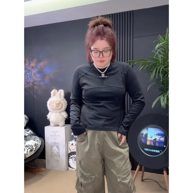 「涵涵家」韩系立体剪裁修身显瘦字母印花拼接长袖打底T恤#798