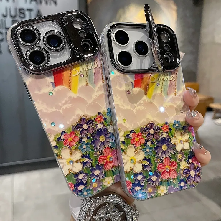适用苹果系列iPhone17新款手机壳油画彩虹花海枪色精孔镜头框支架