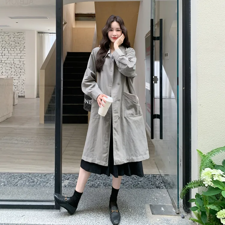 灰色韩系文艺范复古风衣外套女2025秋季新款爆款中长款休闲风大衣