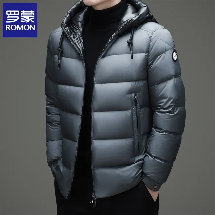 罗蒙冬季保暖防寒男士鹅绒服中青年羽绒服轻奢连帽时尚潮流面包服