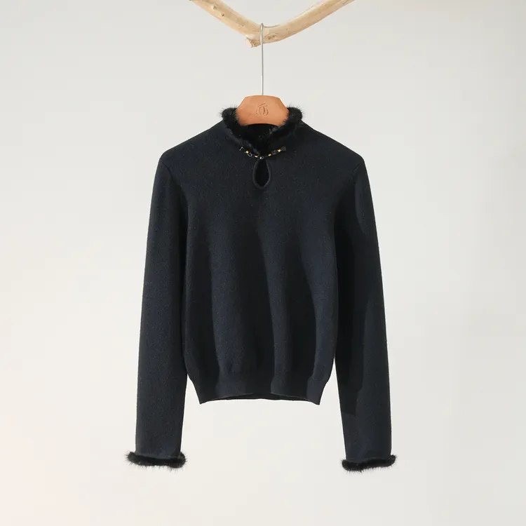 西子/【黛君】中鼎羊毛拼水貂毛新中式百搭打底针织衫/MSBH2109