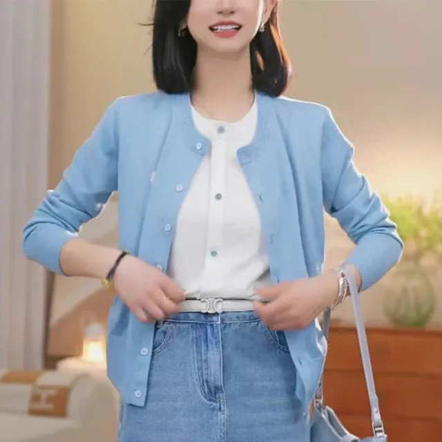 假两件蓝色针织开衫女2025年春季新款气质圆领毛衣外套高级感上衣